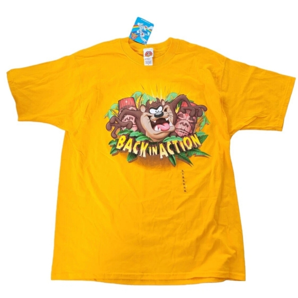 Vintage Looney Tunes Taz Back in Action Graphic Men's Yellow T-Shirt Size XL New